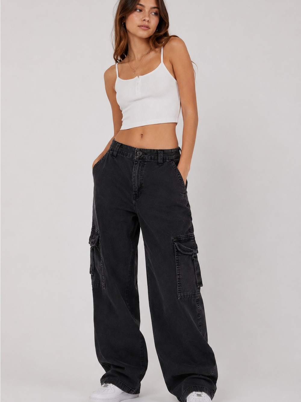 American Eagle Baggy Cargo Pants Black Size 0 Wide Leg Y2K
